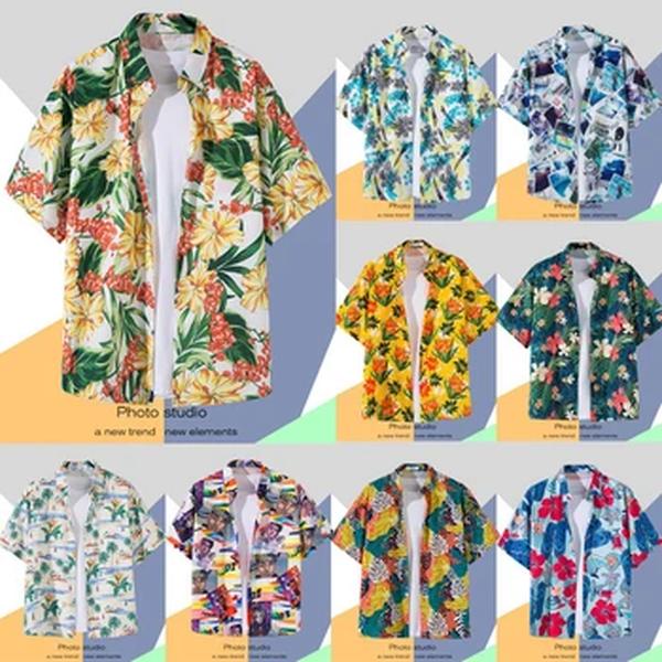 Camisa havaiana de manga curta masculina, botão lapela, estampada de moda, camisa florida, retrô Hong Kong, férias na praia, verão