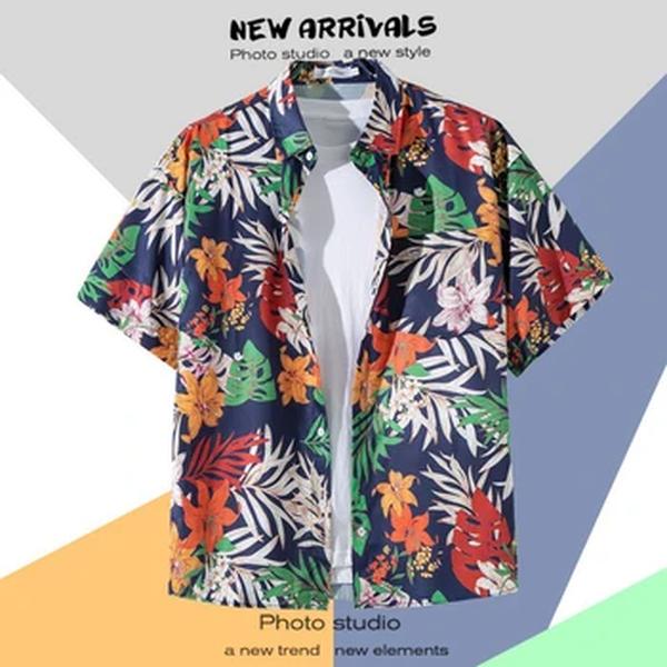 Camisa havaiana de manga curta masculina, botão lapela, estampada de moda, camisa florida, retrô Hong Kong, férias na praia, verão