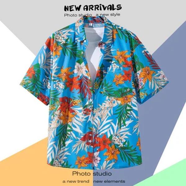 Camisa havaiana de manga curta masculina, botão lapela, estampada de moda, camisa florida, retrô Hong Kong, férias na praia, verão