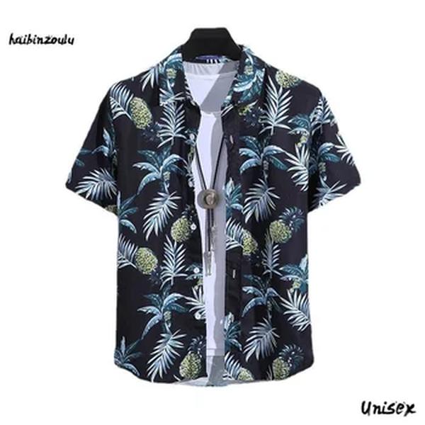 Camisa de manga curta estampada masculina, camisa de praia fina, roupa masculina, polo com gola tartaruga, blusa casual, verão