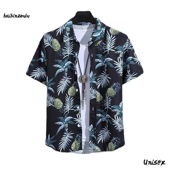 Camisa de manga curta estampada masculina, camisa de praia fina, roupa masculina, polo com gola tartaruga, blusa casual, verão