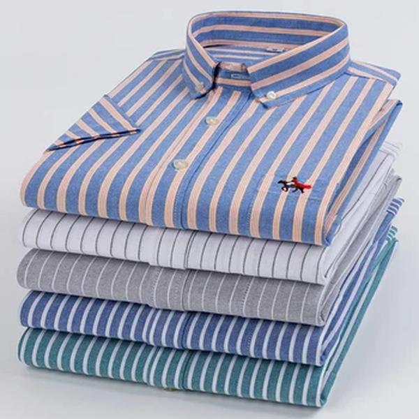 Camisa Oxford de algodão xadrez listrado masculino, bordado de bolso, ajuste regular, camisa de trabalho com botões, casual, nova