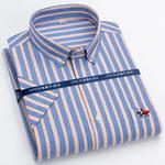 Camisa Oxford de algodão xadrez listrado masculino, bordado de bolso, ajuste regular, camisa de trabalho com botões, casual, nova