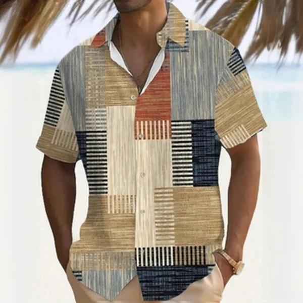 Patchwork denim camisa vintage para homens, grid gráfico t shirts, camisas de manga curta impressas em 3D, tops de roupas masculinas