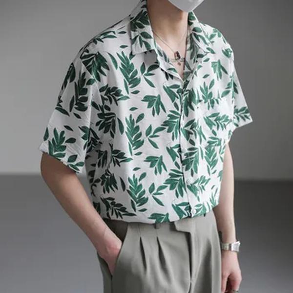 Short Masculino Manga Solta Floral Estampada Camisa, Streetwear Havaiano, Moda Casual, Coreano, Verão, M-XL