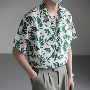 Short Masculino Manga Solta Floral Estampada Camisa, Streetwear Havaiano, Moda Casual, Coreano, Verão, M-XL