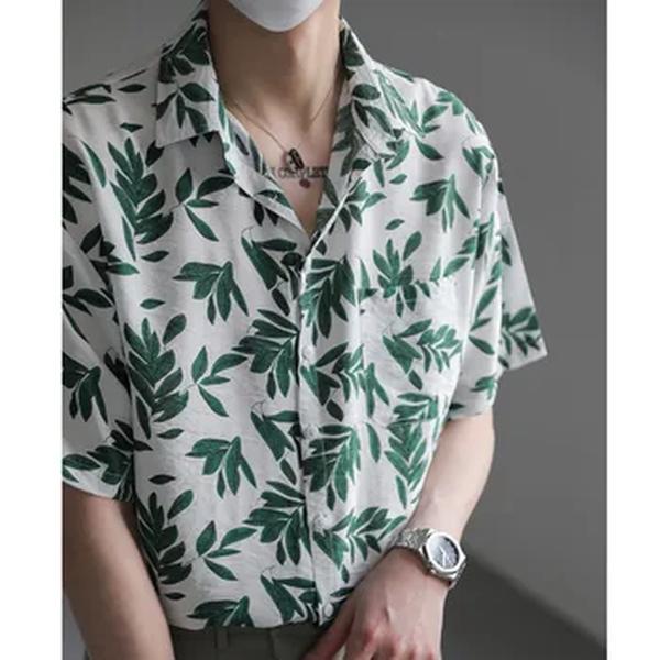 Short Masculino Manga Solta Floral Estampada Camisa, Streetwear Havaiano, Moda Casual, Coreano, Verão, M-XL