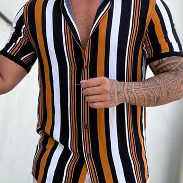 Camisa masculina estampada listrada de manga curta, camisa casual solta, top de tendência diário, nova moda, verão