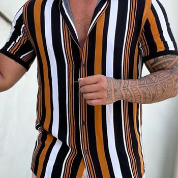 Camisa masculina estampada listrada de manga curta, camisa casual solta, top de tendência diário, nova moda, verão