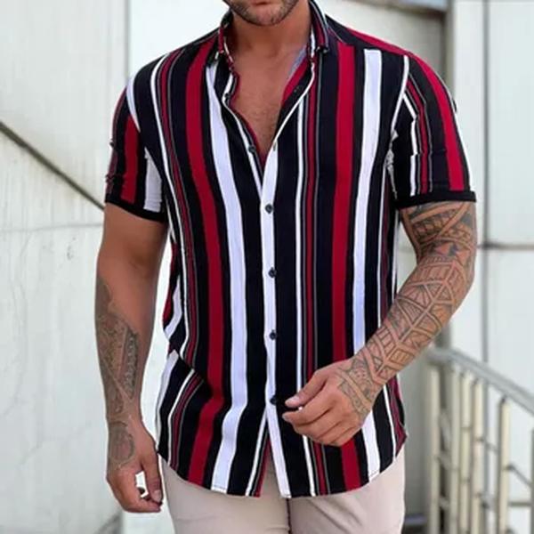 Camisa masculina estampada listrada de manga curta, camisa casual solta, top de tendência diário, nova moda, verão