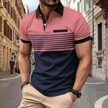 Camisa polo com estampa listra horizontal 3D masculina, confortável top de manga curta, moda casual, alta qualidade, verão, nova