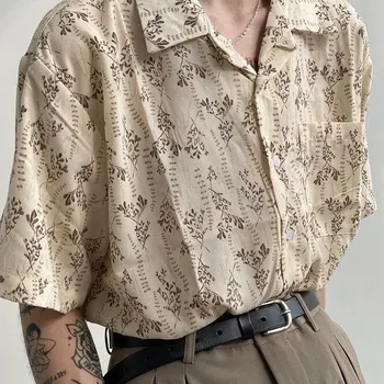 Camisa floral vintage de manga curta masculina, design pequeno com gola cubana, moda antiga, roupa de praia solta, casal