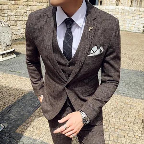 (Jaquetas + colete + calça) masculino noivo vestido de casamento xadrez ternos formais conjunto de alta qualidade moda masculina casual terno de negócios de três peças