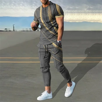 Conjunto de 2 peças de treino masculino, camisa de manga curta, calça comprida, roupa de rua, estampada em 3D, estilo esportivo, moda verão 2024