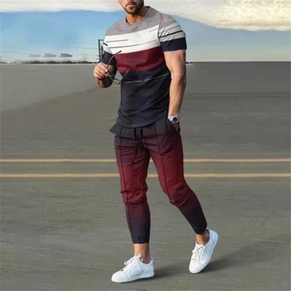 Conjunto de 2 peças de treino masculino, camisa de manga curta, calça comprida, roupa de rua, estampada em 3D, estilo esportivo, moda verão 2024