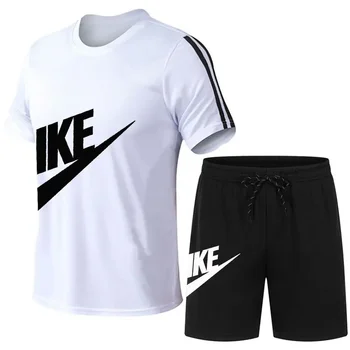 Conjunto de t-shirt e calções de manga curta respirável masculino, conjunto desportivo, estampado, moda lazer, verão, quente, 2024