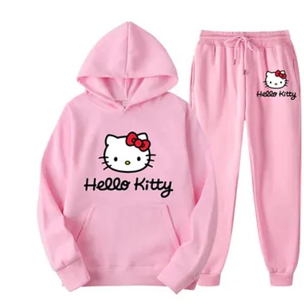 Hello Kitty Cartoon Camisola e moletom anime para homens e mulheres, terno de calça pulôver, conjunto de calças com capuz, moda, primavera, outono