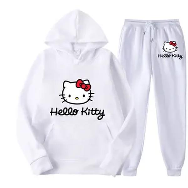 Hello Kitty Cartoon Camisola e moletom anime para homens e mulheres, terno de calça pulôver, conjunto de calças com capuz, moda, primavera, outono