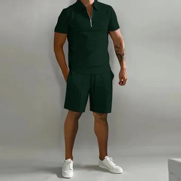 Terno masculino de rua verão, shorts esportivos, camiseta confortável solta, polo de cor sólida ao ar livre, conjunto de moda, verão, 2024