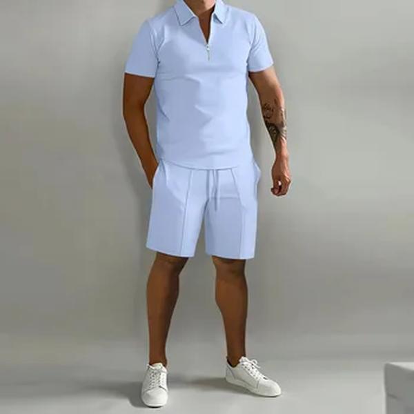 Terno masculino de rua verão, shorts esportivos, camiseta confortável solta, polo de cor sólida ao ar livre, conjunto de moda, verão, 2024