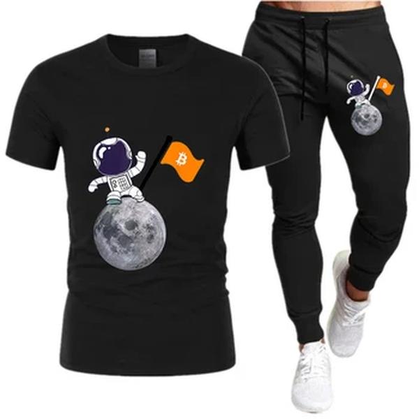 Conjunto de camiseta e moletom estampado de astronauta espacial masculino, roupa esportiva de manga curta, terno casual, moda verão