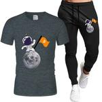 Conjunto de camiseta e moletom estampado de astronauta espacial masculino, roupa esportiva de manga curta, terno casual, moda verão