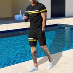 Conjunto de shorts de praia casual masculino, estampa 3D listrada, camiseta de manga curta, gola redonda, roupas de 2 peças, roupas masculinas, moda verão