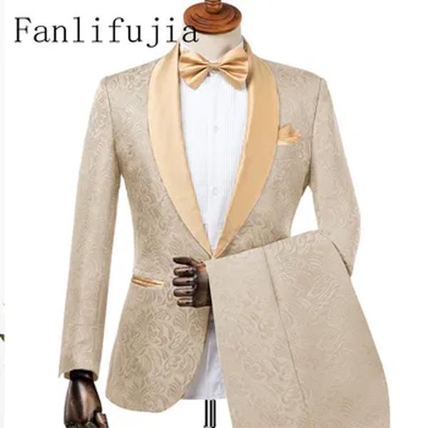 Fanlifujia-Ternos de casamento personalizados para homens, jaqueta champagne fumar smoking, noivo Terno, design italiano, 2 pcs, 2023