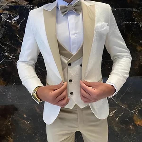 Terno marfim do noivo do casamento dos homens, jaqueta, calças, colete, smoking formal, elegante, personalizado, laço não incluído, 3 peça