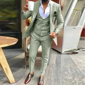 Fatos de negócios verdes claros para homens, vestido de casamento masculino, jaqueta, colete, calças, blazers, casaco, 3 peças