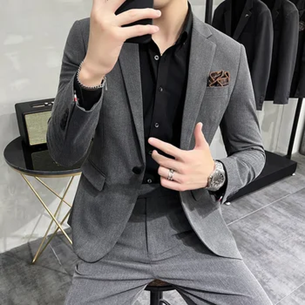 Conjunto de terno ocidental masculino, estilo inglês, slim fit, roupa formal de negócios, terno de noivo, algodão poliéster, cena casual