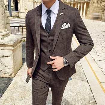 Terno masculino jaqueta colete calças moda boutique xadrez casual negócios masculino noivo casamento smoking vestido 3 peças conjunto blazers casaco