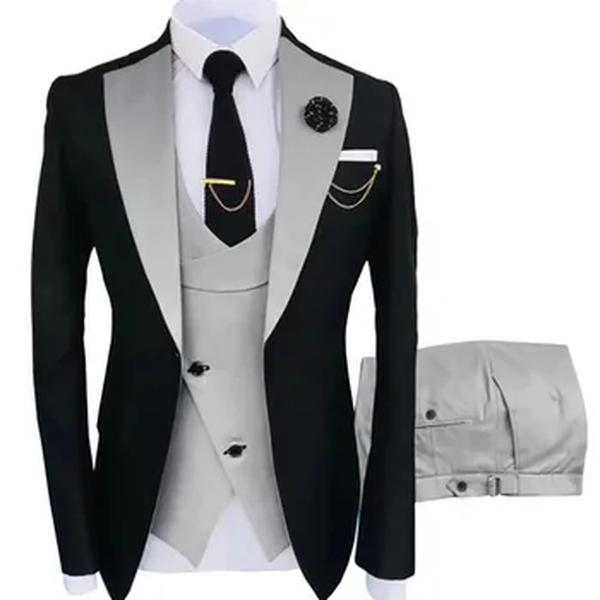 Fatos de negócios slim fit masculino, sking preto do noivo, terno de casamento formal, jaqueta, calças, colete, traje novo, 3 peças