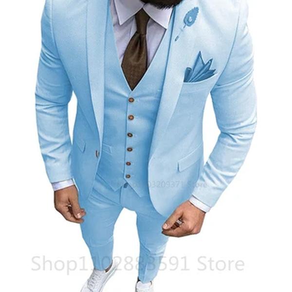 Ternos masculinos Slim Fit monocromáticos de 3 peças, sking formal do noivo, colete e calça Blazer de um botão, traje de festa de casamento, Homme