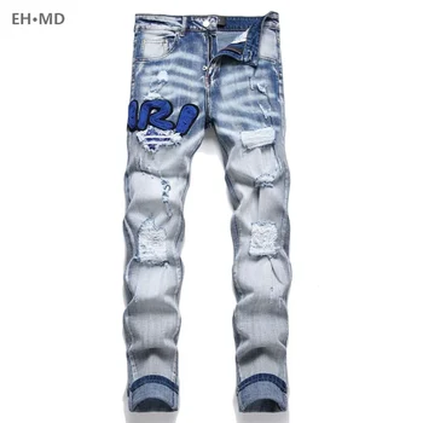 Calça jeans masculina bordada à mão, padrão de estilo nacional, personalidade algodão, calças finas elásticas altas, 3D High Street Wash Hole, caveira 4