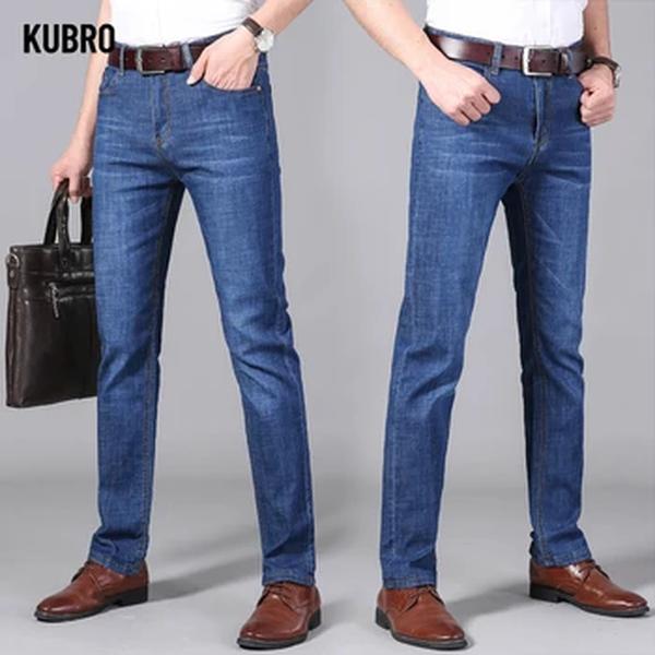 KUBRO-Jeans Stretch Masculina, Moda Coreana, Liso, Denim Versátil, Calças Longas Soltas, Calças da Moda