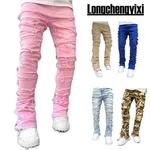 Jeans Streetwise com patch elástico masculino, calças largas, cintura média, patchwork, calças masculinas compridas, roupa sólida, moda verão, nova