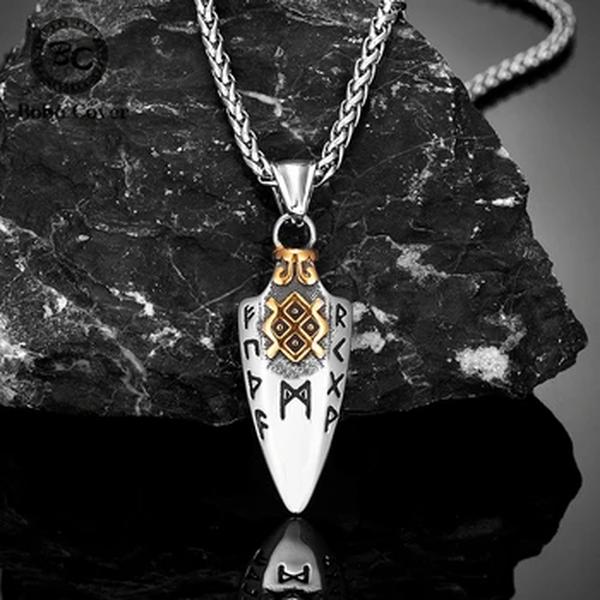 Colar Gungnir Lança de Odin para Homens, Aço Inoxidável, Pingente de Seta, Talismã Valknut, Joalheria Viking, Runas Nórdicas, Cor Dourada