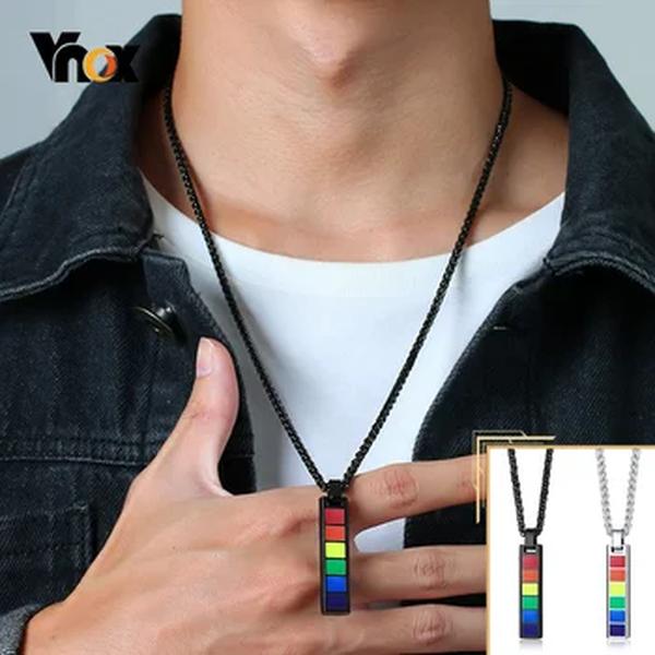 Vnox-Vertical Bar Pingente Colares para Homens e Mulheres, Colares Arco-Íris, Lésbicas Masculinas Lgbt, Jóias Unisex, Corrente de Trigo 24"