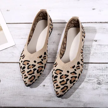 Sapatilhas de malha para mulheres, mocassins Houndstooth, ponto toe, mocassins de malha, tamanho grande feminino, leopardo, sapatos macios