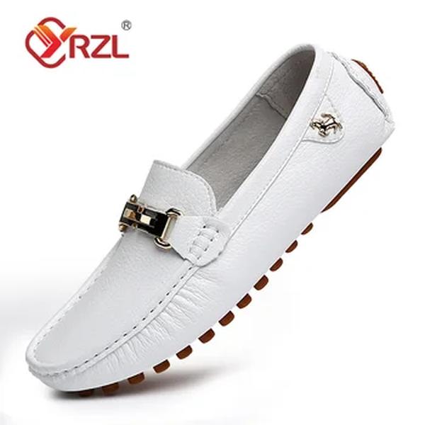 YRZL-mocassins de couro artesanal masculino, sapatilhas de condução casuais, sapatos de calço, mocassins confortáveis, branco