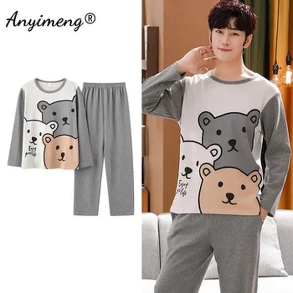 Tamanho grande outono novos homens casual pijamas conjunto de algodão manga longa kawaii urso dos desenhos animados impressão pijamas para homem para menino