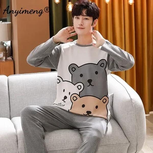 Tamanho grande outono novos homens casual pijamas conjunto de algodão manga longa kawaii urso dos desenhos animados impressão pijamas para homem para menino