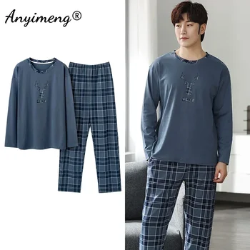 Veados impressão elegante pijamas conjunto para o homem outono inverno moda nova algodão macio masculino loungewear confortável pijamas para o menino