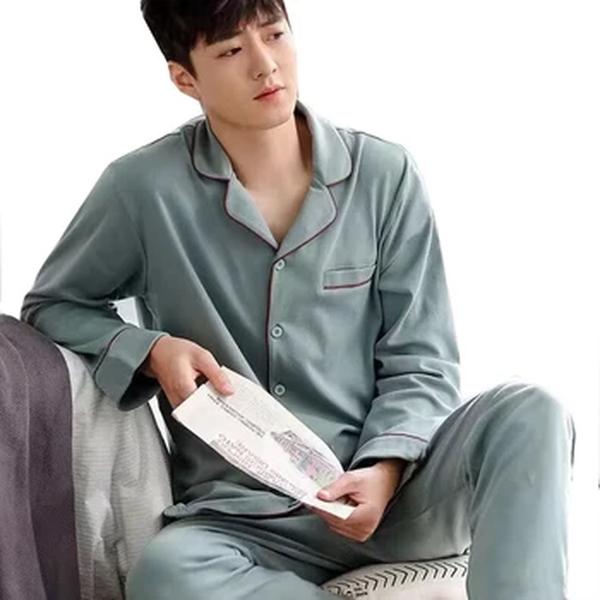 Pijama masculino de algodão de mangas compridas, outwear casual para grandes jardas, terno masculino de casa, primavera e outono