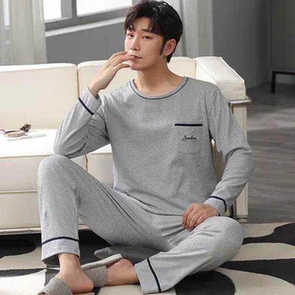 Nova chegada dos homens da primavera pijamas de manga longa masculino conjunto de pijama de algodão knitted para homem pijamas terno homewear 4xl