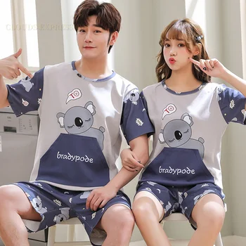 Verão novo de malha algodão casal dos desenhos animados pijamas dos homens vermelho conjunto casual masculino pijamas noite pijamas 3xl homewear