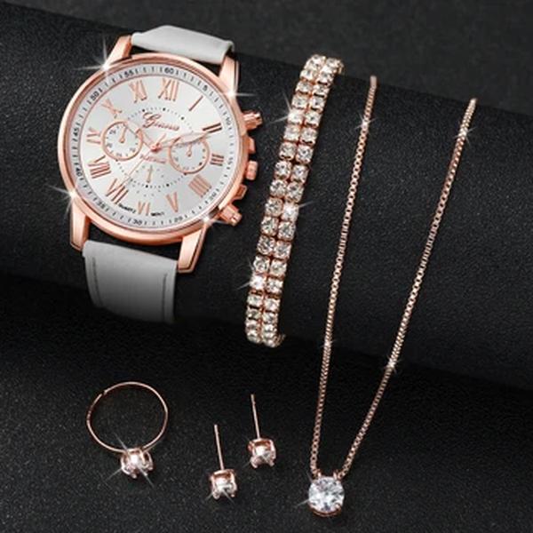 Relógio Geneva feminino casual, pulseira de couro, relógio de pulso de quartzo, conjunto de joias de diamante sem caixa, 6 peças por conjunto