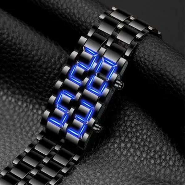 Relógio de pulso digital Lava masculino, metal completo preto, display LED azul, relógios masculinos, presentes para homem, relógio criativo esportivo para menino, moda