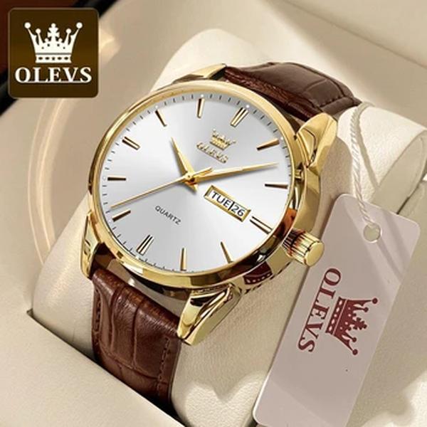 OLEVS-Relógio de pulso de quartzo impermeável clássico masculino, pulseira de couro, calendário, esportes, negócios, marca superior, 6898